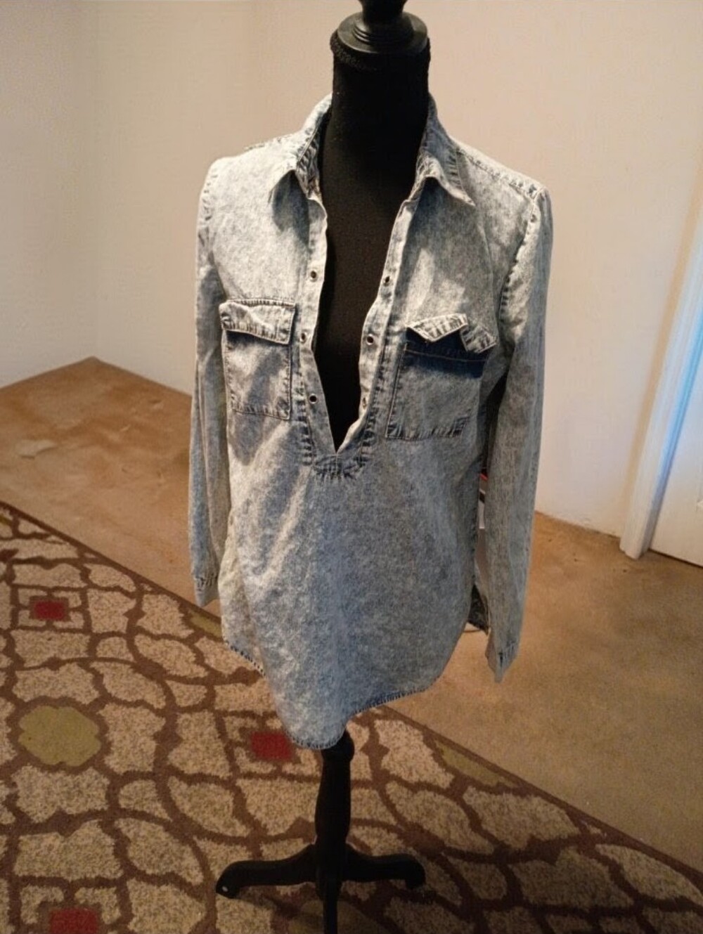 Acid Wash Denim Button-Down Tunic in Light Blue